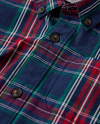 Boys Matching Family Plaid Poplin Button Up Shirt - Royal Christmas