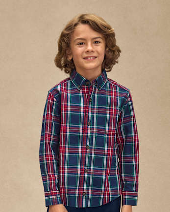Boys Matching Family Plaid Poplin Button Up Shirt - Royal Christmas