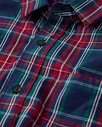 Mens Matching Family Plaid Poplin Button Up Shirt - Royal Christmas