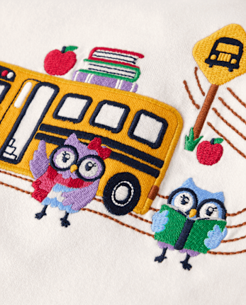 Girls Embroidered Owl School Bus Top - Classroom Cutie