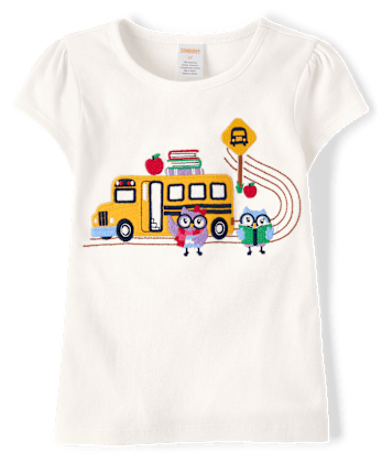 Girls Embroidered Owl School Bus Top - Classroom Cutie