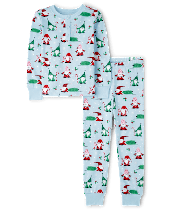 Unisex Kids Christmas Long Sleeve Gnome Print Henley Snug Fit Cotton Pajamas Gymmies BLUE Gymboree