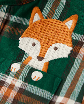Boys Plaid Embroidered Fox Flannel Button Up Shirt Autumn Adventures Noble forest