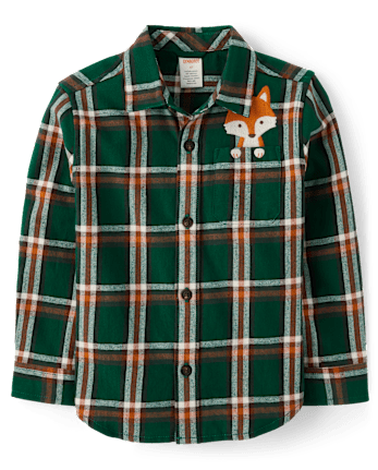 Boys Plaid Embroidered Fox Flannel Button Up Shirt - Autumn Adventures