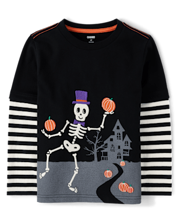 Boys Embroidered Skeleton Layered Top - Halloween