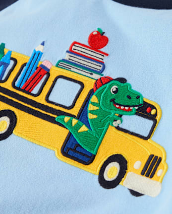 Boys Embroidered Dino School Bus Raglan Top - Classroom Cutie
