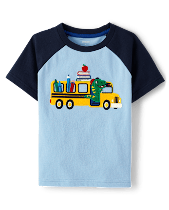 Boys Embroidered Dino School Bus Raglan Top - Classroom Cutie