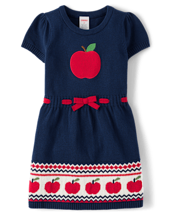 Vestido estilo suéter con manzana bordada para niñas - Classroom Cutie