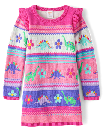 Girls Dino Fairisle Sweater Dress Dino Friends Pink