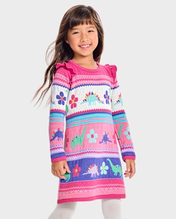 Girls Dino Fairisle Sweater Dress - Dino Friends