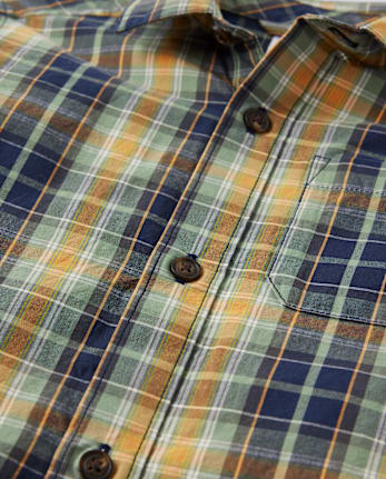Boys Plaid Poplin Button Up Shirt - Dino Friends