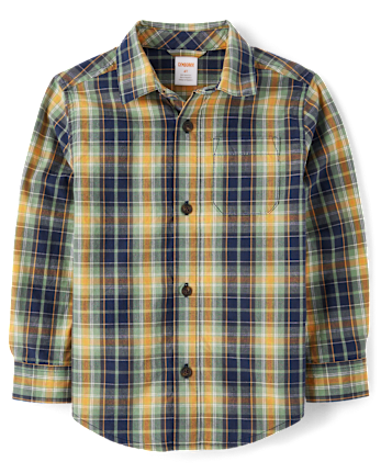 Boys Plaid Poplin Button Up Shirt - Dino Friends
