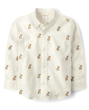 Boys Schiffli Reindeer Oxford Button Up Shirt - Holiday Express