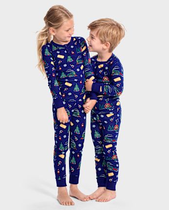 Unisex Kids Long Sleeve Christmas Train Snug Fit Cotton Pajamas Gymmies BLUE Gymboree