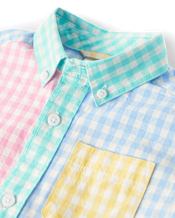 Boys Dad And Me Gingham Colorblock Poplin Button Up Shirt - Garden Party