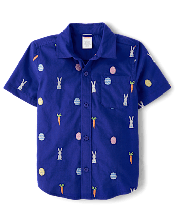 Boys Schiffli Bunny Poplin Button Up Shirt - Blue Belle