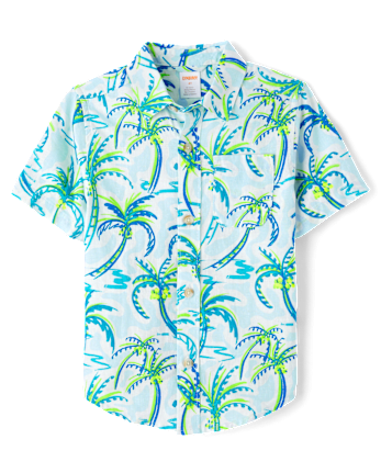 Boys Palm Tree Linen-Blend Button Up Shirt - Swim