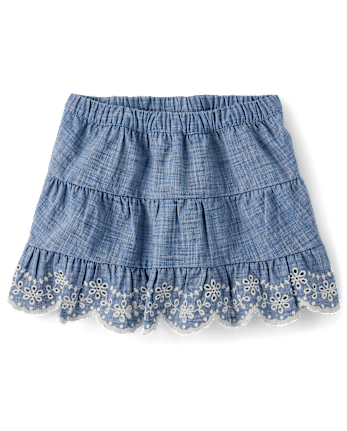 Girls Eyelet Chambray Tiered Skort - Blue Belle
