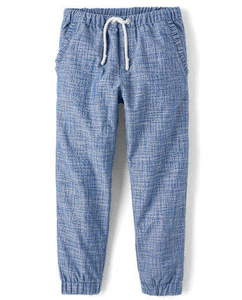 Girls Chambray Ruffle Jogger Pants - Little Essentials