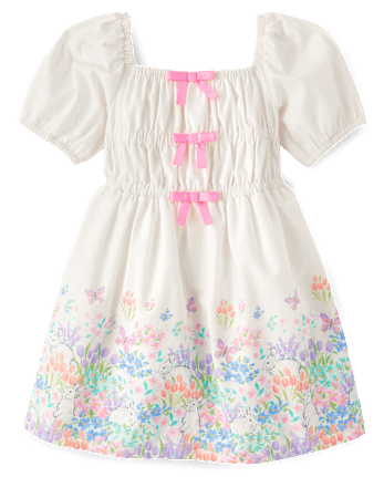 Girls Floral Bunny Bow Dress - Garden Party