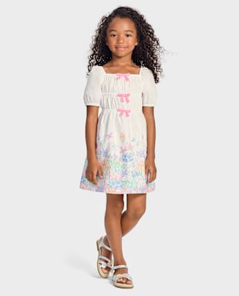 Girls Floral Bunny Bow Dress - Garden Party
