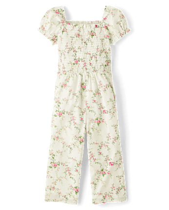 Girls Floral Smocked Jumpsuit - Blushing Blooms