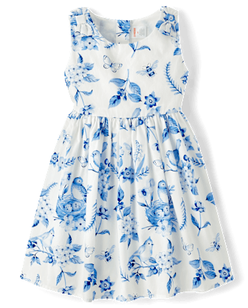 Girls Mommy And Me Floral Bird Bow Fit And Flare Dress - Blue Belle