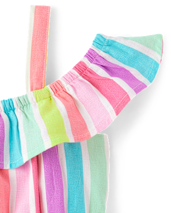 Girls Rainbow Striped Linen-Blend Off Shoulder Dress - Swim