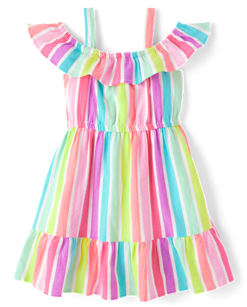 Girls Rainbow Striped Linen-Blend Off Shoulder Dress - Swim