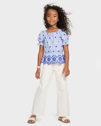 Girls Eyelet Top - Italian Riviera