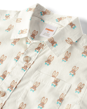 Boys Bunny Poplin Button Up Shirt - Spring Celebrations