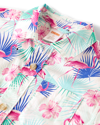 Boys Flamingo Poplin Button Up Shirt - Swim