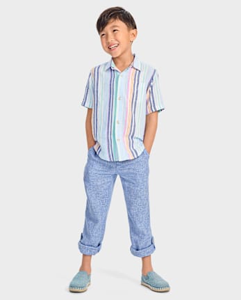 Boys Striped Linen-Blend Button Up Shirt - Italian Riviera