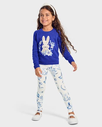 Girls Floral Bird Leggings - Blue Belle