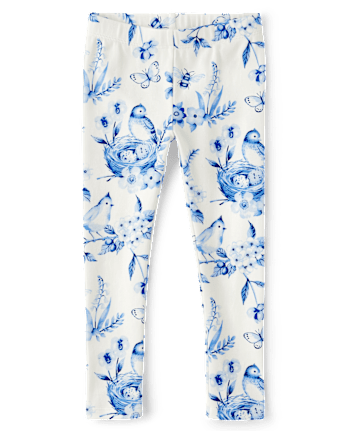 Girls Floral Bird Leggings - Blue Belle