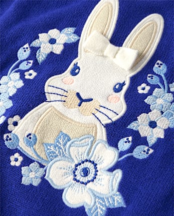 Girls Embroidered Floral Bunny Sweater - Blue Belle