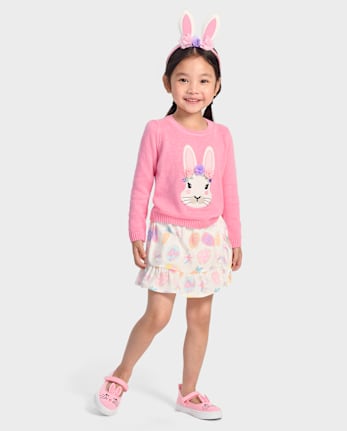 Girls Embroidered Floral Bunny Sweater - Garden Party