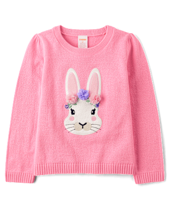 Girls Embroidered Floral Bunny Sweater - Garden Party