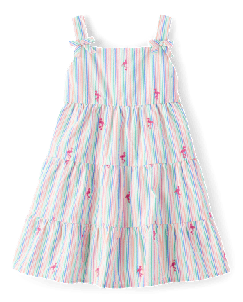 Girls Embroidered Flamingo Seersucker Tiered Dress - Seaside Palms