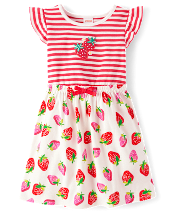 Girls Embroidered Strawberry Flutter Dress - Little Essentials