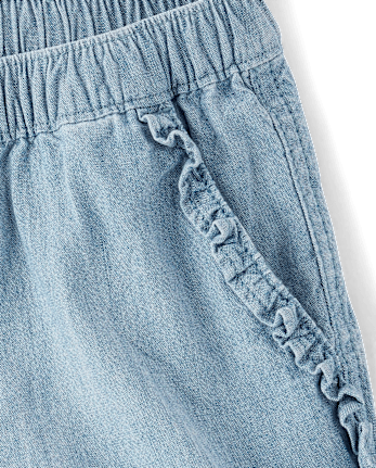 Girls Chambray Ruffle Pull On Shorts - Little Essentials