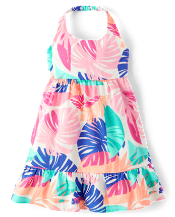 Girls Palm Linen-Blend Halter Dress - Seaside Palms