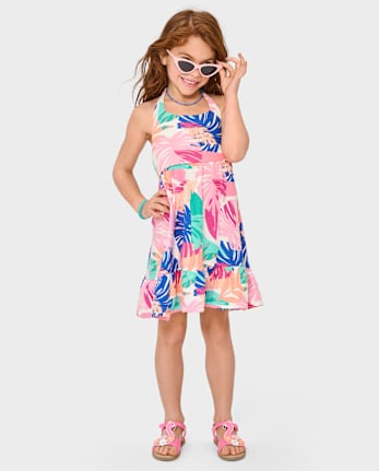 Girls Palm Linen-Blend Halter Dress - Seaside Palms