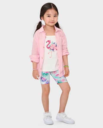 Girls Floral Flamingo Ruffle Top - Seaside Palms