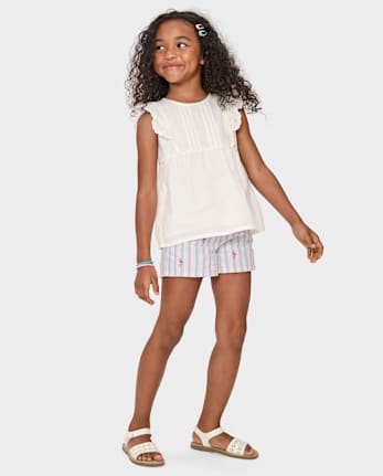 Girls Embroidered Flamingo Seersucker Pull On Shorts - Seaside Palms