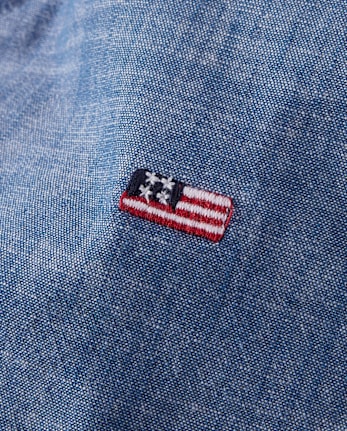 Boys Embroidered Flag Chambray Pull On Shorts - American Cutie