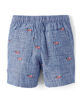 Boys Embroidered Flag Chambray Pull On Shorts - American Cutie