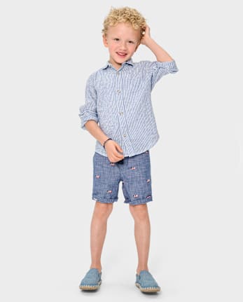Boys Embroidered Flag Chambray Pull On Shorts - American Cutie