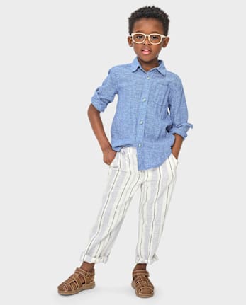 Kids Striped Roll Cuff Linen-Blend Pull On Pants