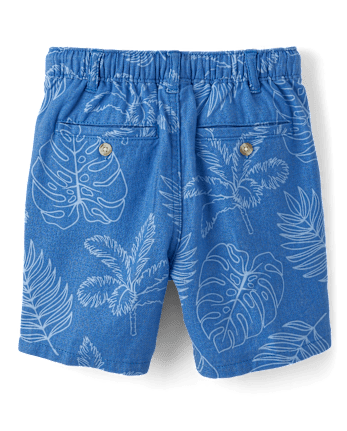 Kids Tropical Leaf Linen-Blend Pull-On Shorts